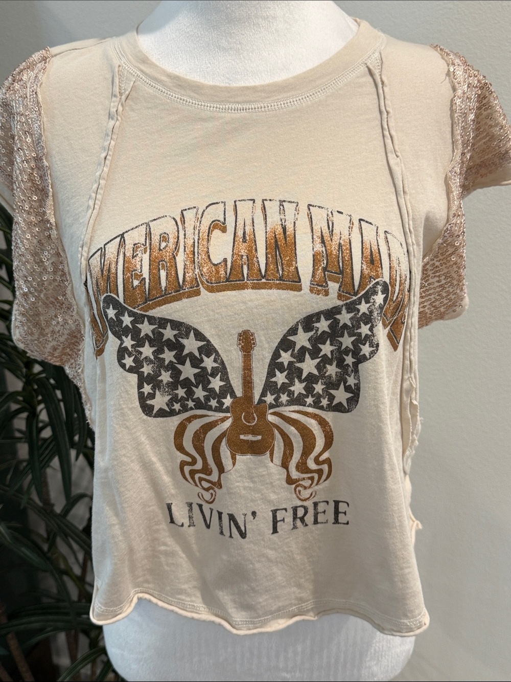 Altar’d State Tan Graphic Sequin Top American Made Livin’ Free Top Short Sleeve